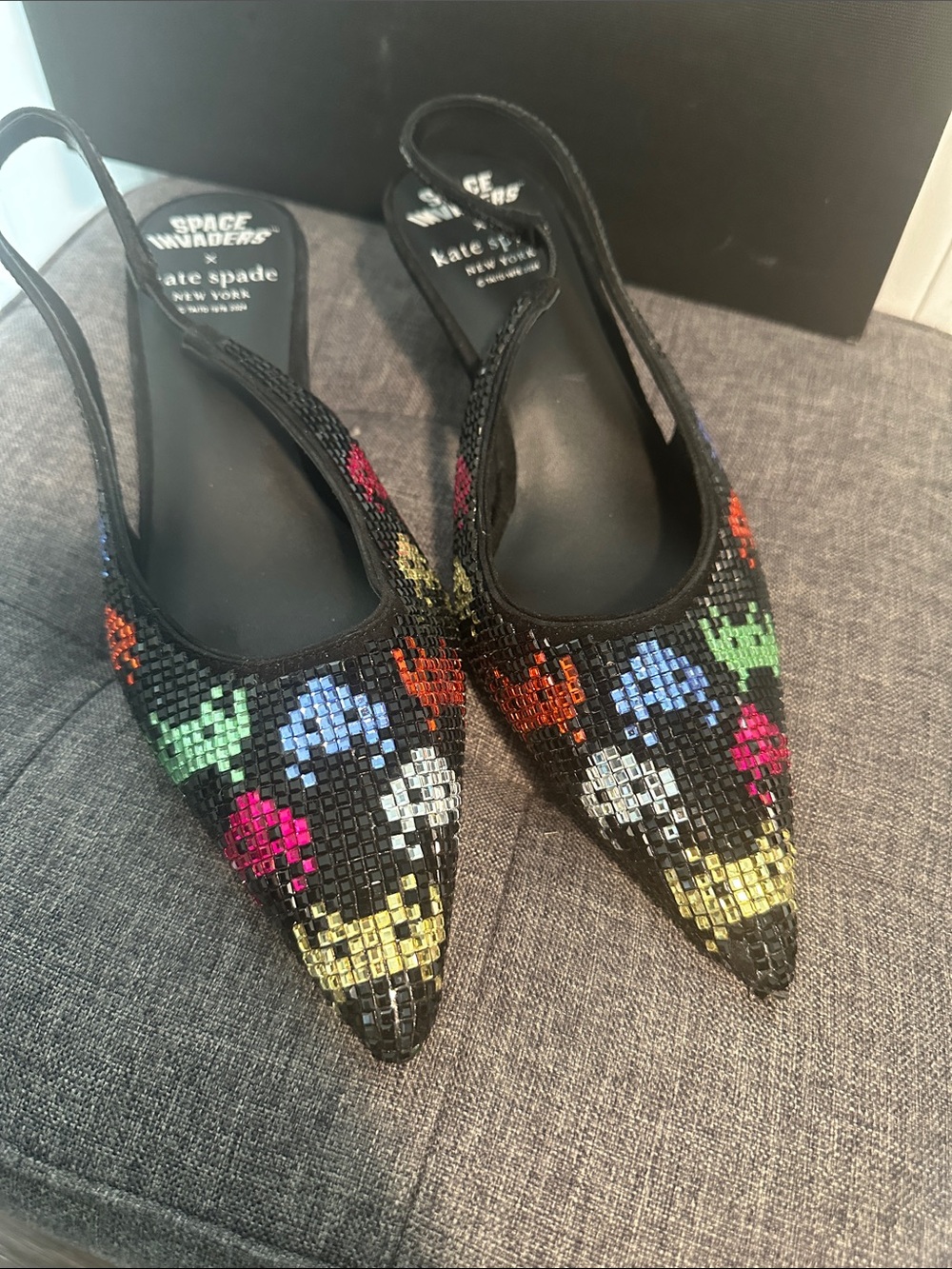 kate spade x Space Invaders black Pointed Mules in Sequins with mult invaders